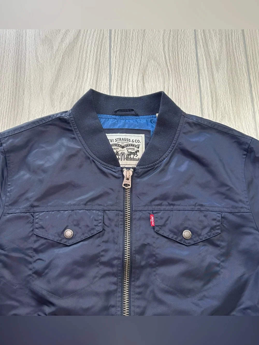 Levi’s MA-1 Flight Bomber Jacket Men’s Size M Blue Flight Jacket Satin Lined